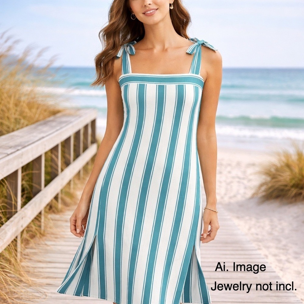 Olivia James The Label Blue White Striped Bow Strap Midi/Maxi Cotton Dress S NWT
